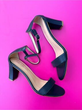 The Limited Quinta Ankle Strap Leather Block Heel Sandal Size 8 Navy Blue 3 inch